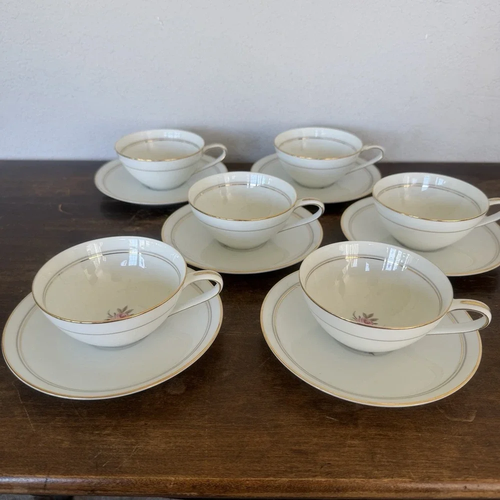 Set Of 6 Noritake‎ Daryl #5510 Tea Coffee Cup and Saucer Vintage Rose Gold Trim